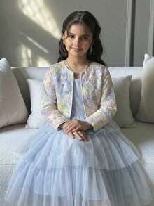 SHEIN Tween Girl Light Blue Floral 3D Decor Mesh Sleeveless Dress With Elegant Cardigan 2-Piece Set,Summer Wedding Guest Pastel Jacket Skirt Set For Girls - Mint Green - View 3
