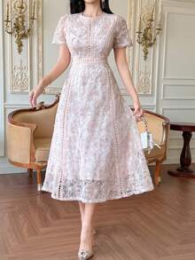 DAZY 优雅蕾丝边短袖连衣裙，青春雅致迷你连衣裙 - 粉色 - 查看 4