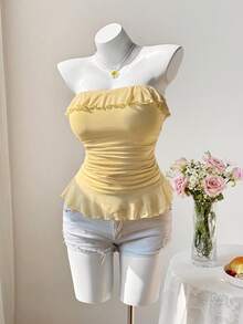 Sweetra Áo ống nữ kiểu dáng thường ngày, màu trơn, viền bèo nhún, kiểu áo blouse phối bèo nhún ở gấu áo. - Màu vàng - Xem 4