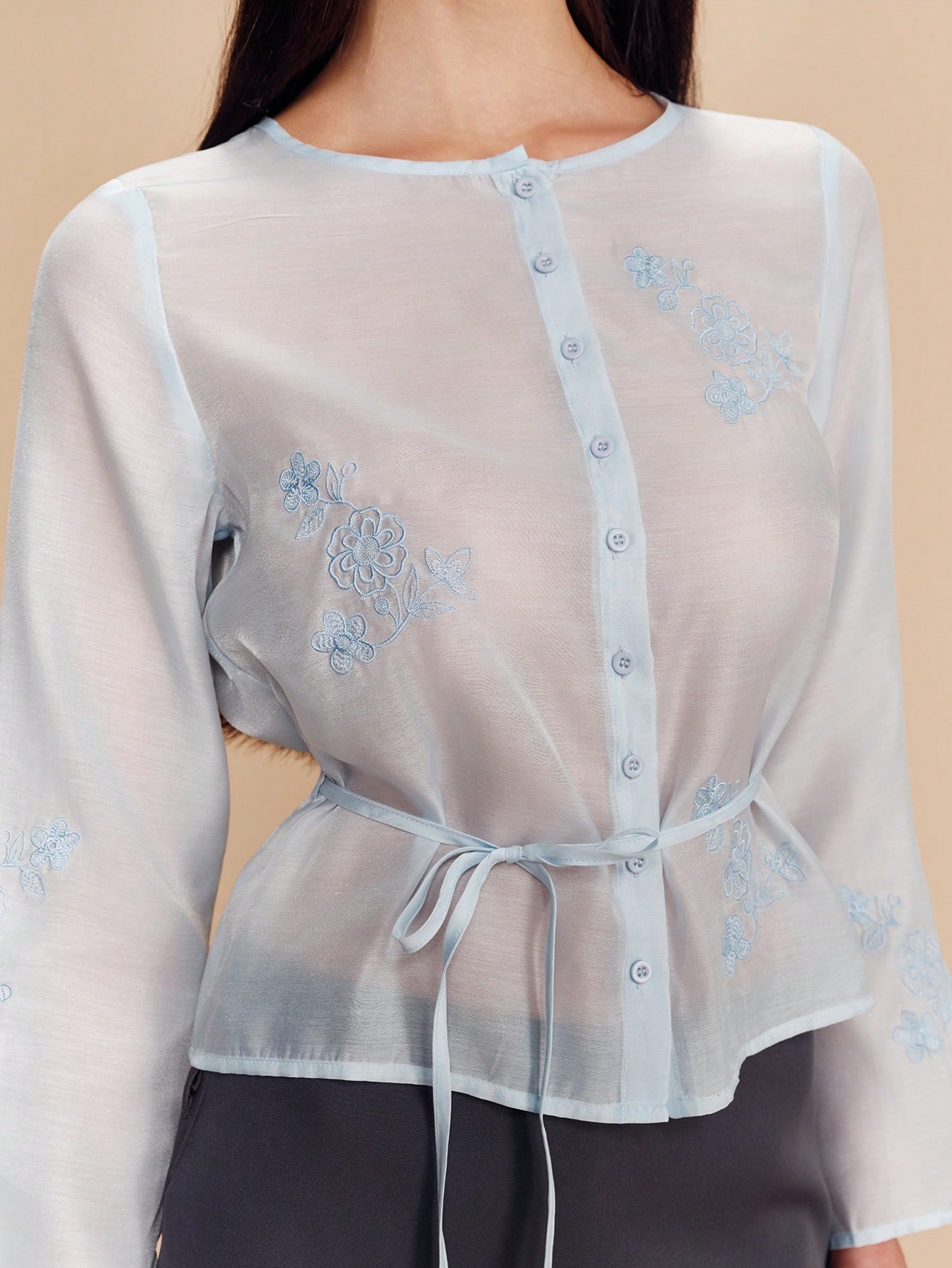 Sky Blue Sheer Embroidered Organza Blouse With Button Front And Tie Waist Romantic Spring Summer Style French Style Parisian Style