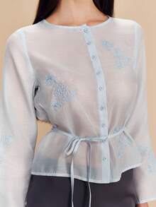lacRébo Sky Blue Sheer Embroidered Organza Blouse With Button Front And Tie Waist Romantic Spring Summer Style French Style Parisian Style - Baby Blue - View 4