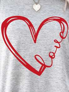 EMERY ROSE Women's Casual Heart & Letter Print Dropped Shoulder Loose Fit Crew Neck Long Sleeve T-Shirt, Suitable For Valentine's Day And Daily Commute, Spring/Autumn