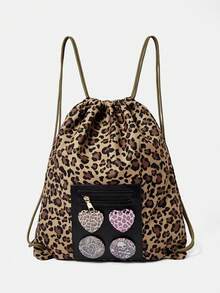 ROMWE Anime 1Pc Coffee Retro Leopard Print Pattern With Leopard Print Round Love Badge Pendant Design Large Capacity Multi-Pocket Drawstring Backpack, Casual Fashion Bag, Suitable For Vacation, Campus, Party, Fashionable Leopard Print Women's Bag - coffee color - View 1