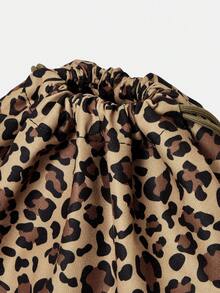 ROMWE Anime 1Pc Coffee Retro Leopard Print Pattern With Leopard Print Round Love Badge Pendant Design Large Capacity Multi-Pocket Drawstring Backpack, Casual Fashion Bag, Suitable For Vacation, Campus, Party, Fashionable Leopard Print Women's Bag - coffee color - View 3