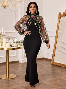 SHEIN Lady 女士花卉刺绣网纱灯笼袖立领修身连衣裙，鱼尾下摆 - 彩色 - 查看 5