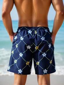 Manfinity Swimmode 男士夏季度假花卉格纹印花抽绳腰斜插口袋沙滩短裤 - 藏蓝色 - 查看 2