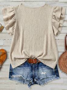 EMERY ROSE 女士休闲纯色荷叶边下摆衬衫，夏季 - 杏色 - 查看 2