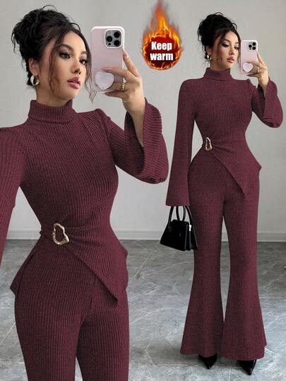 Elenzga 新款女式高领针织罗纹羊毛不对称金属装饰喇叭袖上衣和喇叭裤两件套，适合日常穿着，优雅青春，秋冬