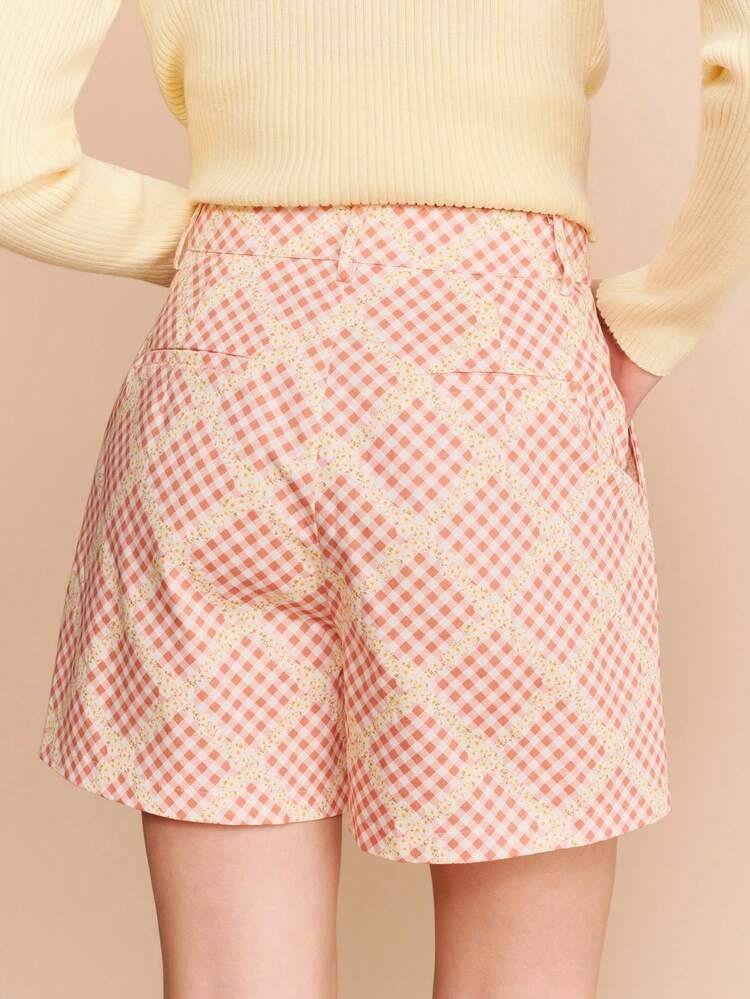 Apricot Floral Gingham Shorts Cute Vintage Spring Summer Style French Style Parisian Style Office Vacation