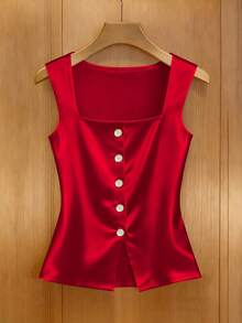 Franclia 极简通勤方领罗纹纽扣休闲背心 - 紅色 - 查看 3