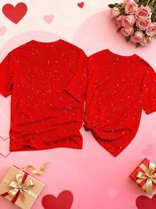 Manfinity Homme 男士休闲爱心字母印花短袖T恤，情侣夏季装，情人节红白情侣装，红色图案爱心T恤 - 紅色 - 查看 4