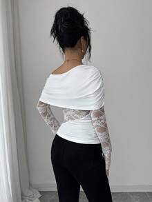 Elenzga Elegant Urban Chic New Women's White Lace Splice One-Shoulder Fitted Short Top, Suitable For Daily Wear, Weddings, Galas, Commuting, Graduation Parties, Holidays, Vacations, Dates, Parties, Halloween, Christmas, New Year, Thanksgiving, Weddings - White - View 2