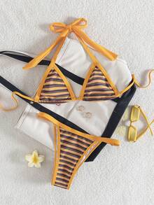 Swim Mod 两件套女士条纹提花面料挂脖系带微三角比基尼上衣和可调节高腰三角比基尼下装泳衣套装 - 橘色 - 查看 1