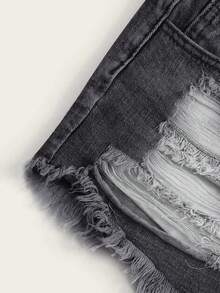 Breezaya Women's Pocketed Button Distressed Frayed Hem Casual Everyday Denim Shorts - Black and White - View 4