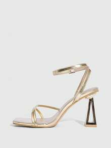 CUCCOO SZL Women's Square Toe Metal Asymmetric High Heel Sandals, Gold Thin Strap Ankle Strap, Fashion Sexy Party Nightclub High Heel Open Toe Strap Heeled Sandals Valentine's Day - Gold - View 9