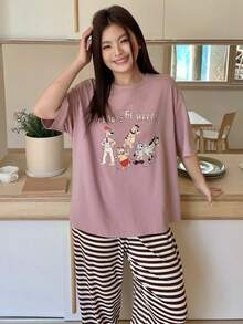 Dazy Plus 2件套可爱印花宽松短袖上衣和条纹长裤睡衣套装，春夏款 - 粉色 - 查看 2
