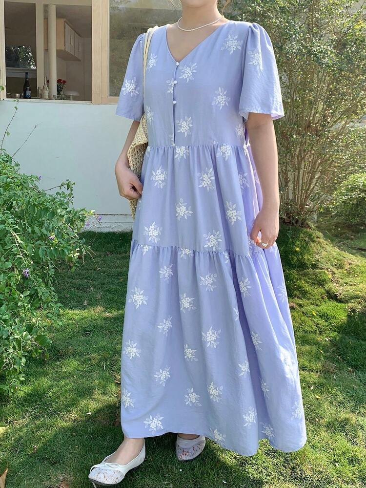 Dazy Plus Embroidered Floral Pattern Waist Cinched Casual Long Dress, Vacation Style, Plus Size, Blue, Spring/Summer Sundress