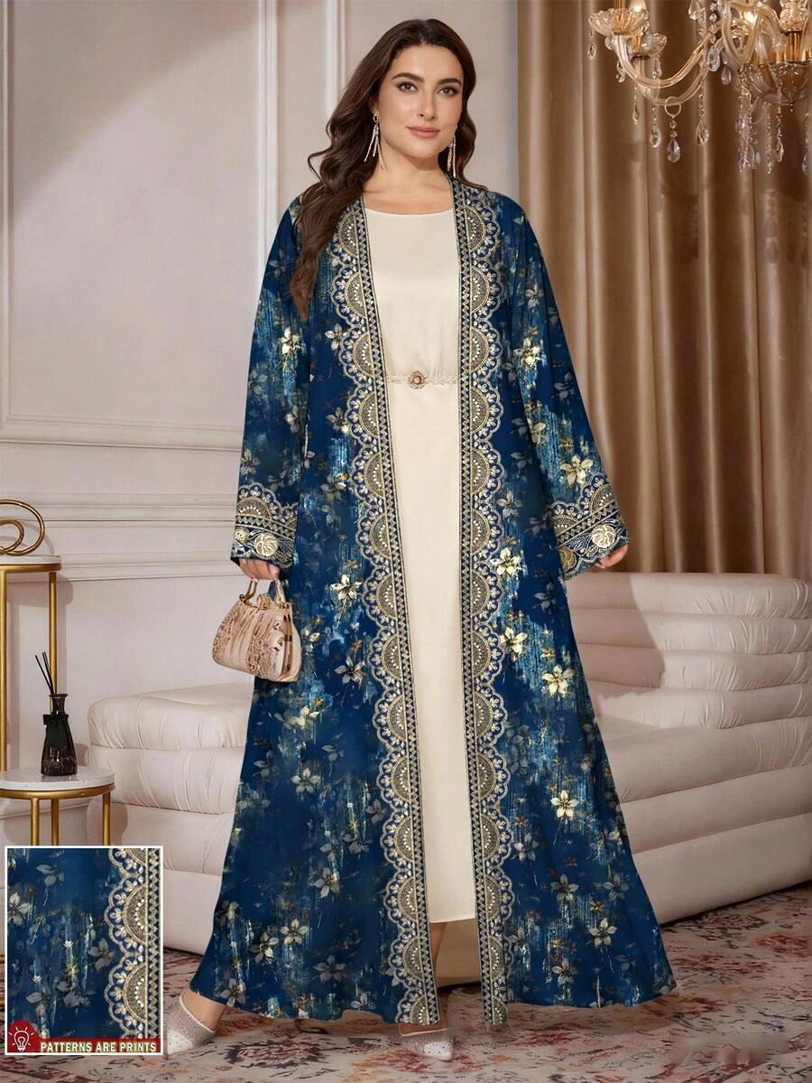 SHEIN Najma 大码女式花卉纹理油画图案印花长袖休闲阿巴雅开衫长款外套，春秋季 - 彩色 - 查看 1