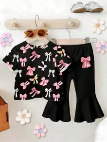 女婴彩色蝴蝶结印花短袖上衣和喇叭裤套装，2件套，时尚休闲装，适合春、夏、秋、冬四季日常穿着。