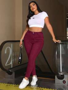 SHEIN ICON Plus Size Women High Waist Pockets Skinny Casual Versatile Jeans - Burgundy - View 5