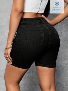 Flexra Quần short denim skinny tối giản túi xéo thời trang mùa hè dành cho nữ. - màu đen - Xem 2