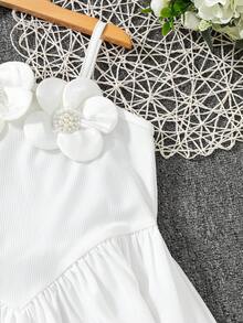 Tween Girls' Spaghetti Strap Dress,3D Floral Decor White Elegant Summer Vacation Holiday Birthday Party Fitted Ribbed Top Gentle Style Outfit - White - View 8