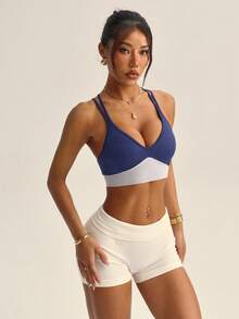 Seamluxe SHEIN Sport Sujetador deportivo de uso diario para mujer con espalda cruzada de color contrastante - Azul Marino - Ver 5