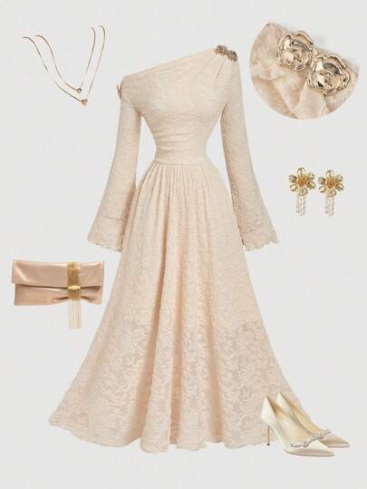 SHEIN MOD فستان متوسط الطول بتصميم كتف غير متماثل، تصميم أنيق بكتف واحد، مناسب للربيع والسنة الجديدة والحفلات، فستان سيدات أنيق، زفاف