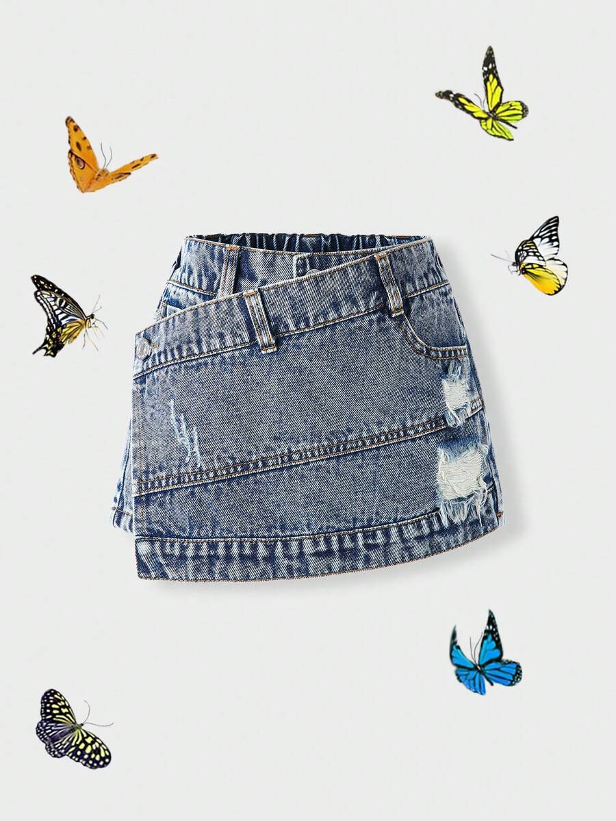 SHEIN Young Girls 2026 Spring Summer New Dark Blue Washed Retro Asymmetric Patchwork Denim Short Skort, Fashion Distressed Frayed Ripped Mini Jean Skirt - Dark Wash - View 1