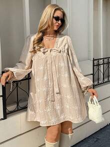 Lounesse Plus Size Women Floral Embroidery Knot Design Casual Everyday Dress With Lantern Sleeves Beige Dress Long Sleeve Summer Dresses French Style Dress Cottagecore Dress Spring Outfit Women Spring Dress For Women - White - View 3