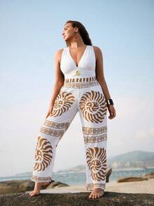 SHEIN Swim Oasis 新款加大码女士性感V领连体网纱泳衣，带收腹裤，两件套泳装 - 白色 - 查看 4