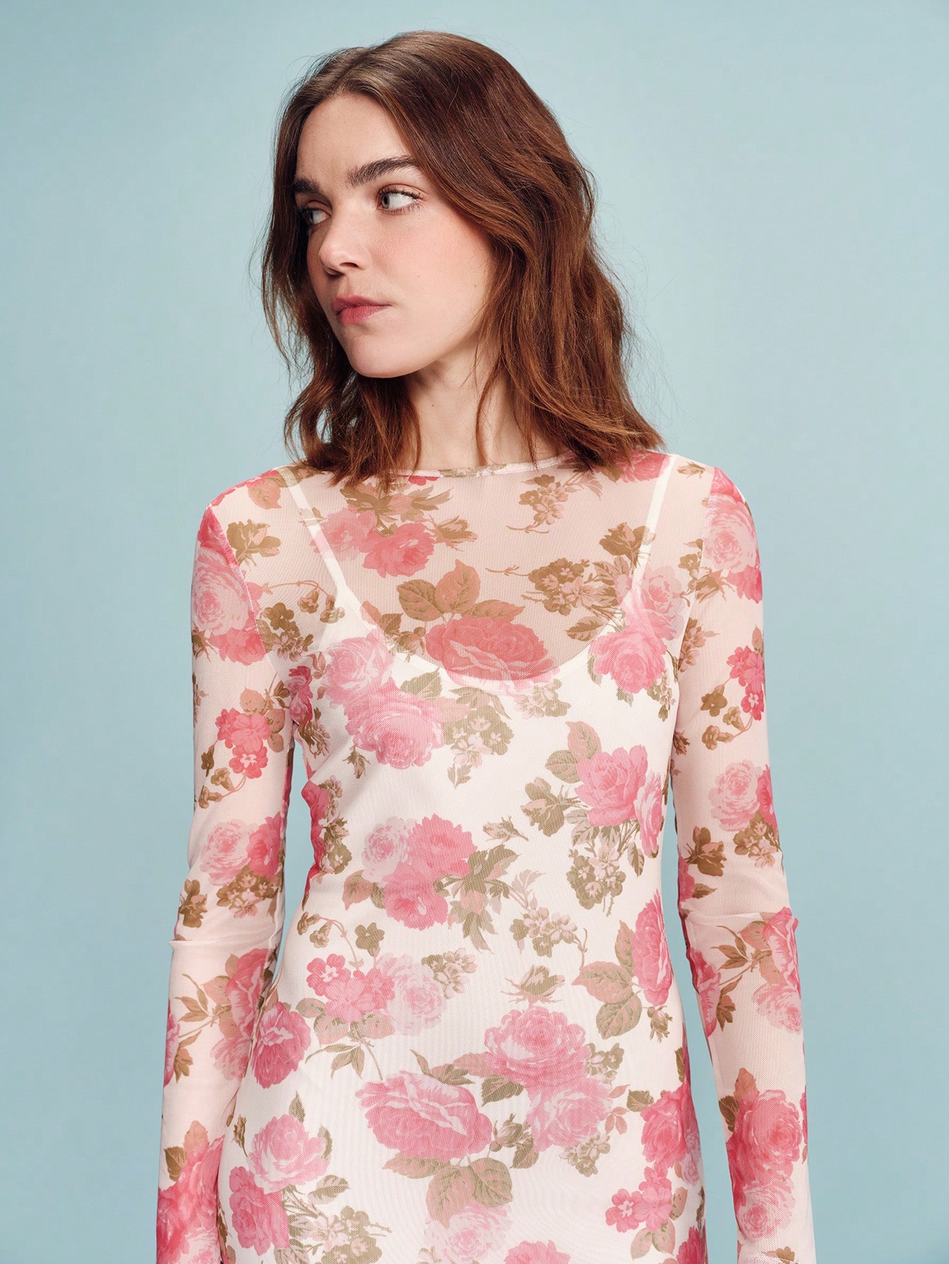 2-częściowa przezroczysta różowa sukienka midi z siateczki z nadrukiem kwiatowym i długim rękawem, dopasowana, romantyczna sukienka na okazje w stylu vintage, wiosna lato, styl francuski, paryski