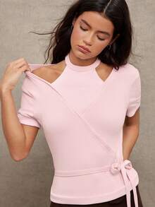 WESTFADE Two-Fer V Neck Halter Short Sleeve Wrap Tie Knit Top - Baby Pink - View 1