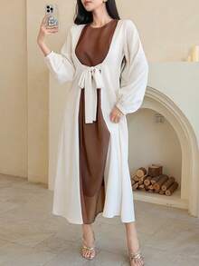 DAZY 女士撞色蝴蝶结装饰长袖连衣裙 - 棕色 - 查看 7