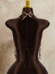 Zestiva Women's Bohemian Printed Beaded Pendant Fabric Tie-Up Halter Swimsuit Top, Summer