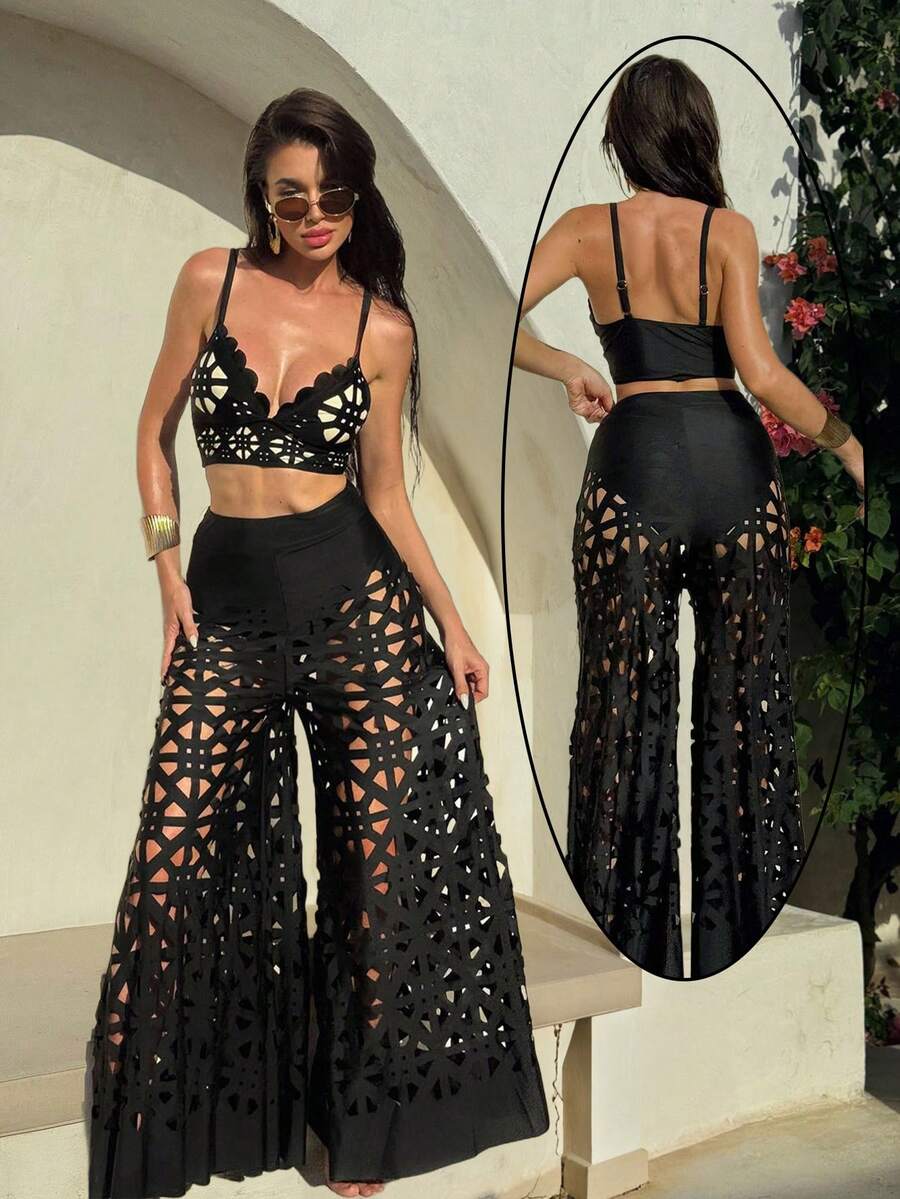 Bonvoyette 3pcs/Set Summer New Women's Swimsuit Strappy Solid Top, High Waisted Shorts, Hollow Out Long Beach Cover Up, Fashion Resort Bikini Set - Black - View 1