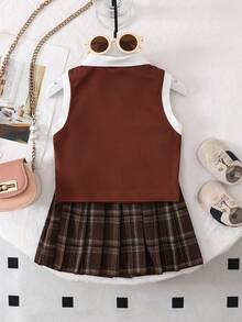 女童春夏polo衫套装，白色纯色罗纹针织背心搭配棕色梭织百褶裙两件套，学院风，可爱休闲，适合上学、郊游、聚会、度假等场合。 - 棕色 - 查看 2