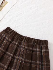 女童春夏polo衫套装，白色纯色罗纹针织背心搭配棕色梭织百褶裙两件套，学院风，可爱休闲，适合上学、郊游、聚会、度假等场合。 - 棕色 - 查看 3