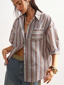 Bohemela Casual Woven Striped Loose Blouse For Women - Multicolor - View 5