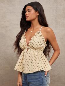 WESTFADE 荷叶边V领蝴蝶结肩带钥匙孔前开衩后背交叉无袖波点娃娃衫 - 黃色 - 查看 5