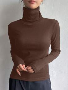 DAZY 女士休闲纯色高领保暖内衬保暖 T 恤，百搭，秋冬学院风上衣长袖女上衣，秋季女装 - 咖啡棕 - 查看 2