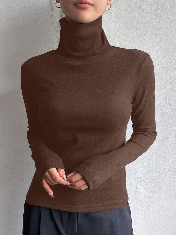 Women Casual Solid Color High Collar Thermal Lined Warm T-Shirt, Versatile, Autumn/Winter Preppy Tops Long Sleeve Women Tops,Fall Women Clothes