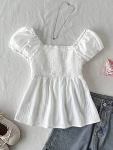 SHEIN Áo kiểu nữ tuổi teen thanh lịch, cổ chữ U, tay bồng, eo cài cúc, chất liệu jacquard, màu trắng, kiểu dáng ngọt ngào và dễ thương như áo ba lỗ, thích hợp cho mùa xuân/hè. - trắng - Xem 2