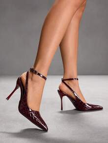 CUCCOO SZL Pointed Toe Stiletto High Heel Black Glossy Fabric Fashion Versatile Sexy Party Ankle Strap Women's High Heel Pumps, Women's Backless Pumps For Christmas - 7639 Stone pattern burgundy 96 - View 5