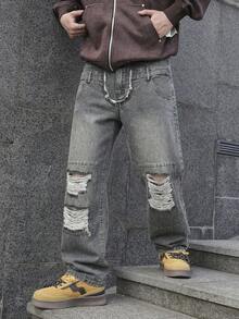 Manfinity EMRG Quần jeans nam ống đứng, kiểu dáng thường ngày, chất liệu wash và bạc màu, phong cách bụi bặm. - Xám - Xem 6