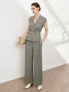 SHEIN Stylify 女士亚麻高领叠层领双排扣腰带金属扣装饰蝙蝠袖衬衫搭配前拉链宽松阔腿裤两件套，优雅法式复古浪漫通勤商务休闲海滩度假街头风穿搭，春夏新款 - 綠色 - 查看 7