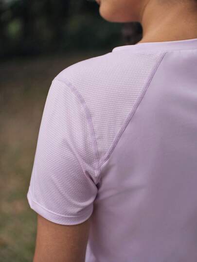 SHEIN In My Nature Women's Lightweight Mesh Patchwork Lilac Printed T-Shirt For Outdoor