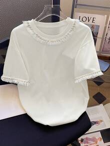 Resyla Lace Trim Studded Casual Round Neck T-Shirt, A Gift For Friends - White - View 4