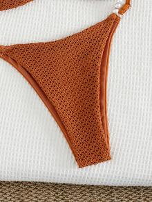 Swim Vcay Ladies Beach Music Festival Mesh Beaded Cross Knot Elegant Halter Neck Bikini Set - Coffee Brown - View 4