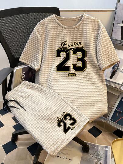 Manfinity Joysei Men's Casual Sports Numeric & Plaid Textured Knit T-Shirt And Shorts Set, Spring